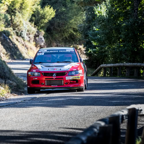 Une voiture rouge de course sur une route sinueuse entourée d'arbres et de végétation.